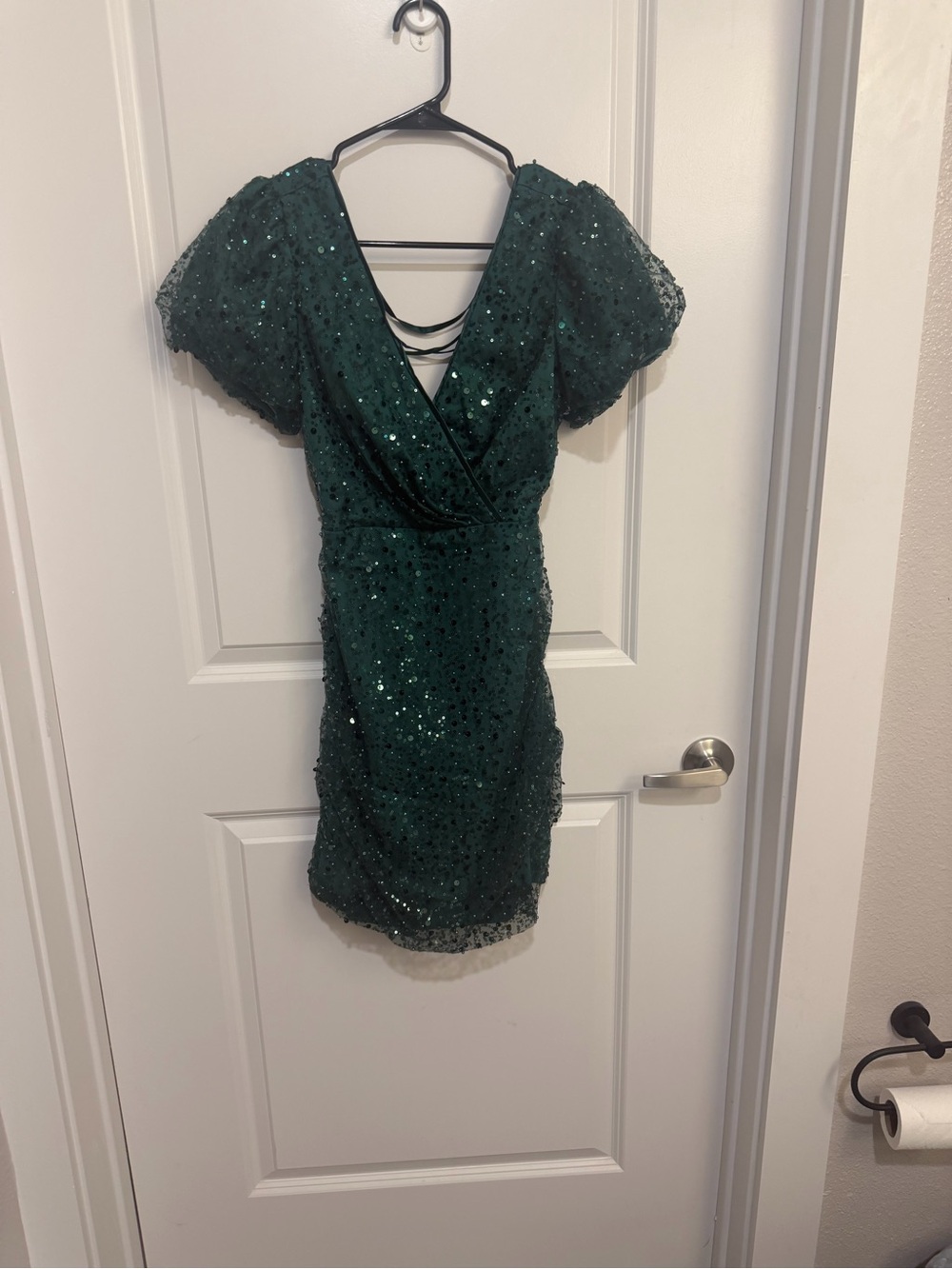 Emerald Green Sequin Wrap-Front Party Dress